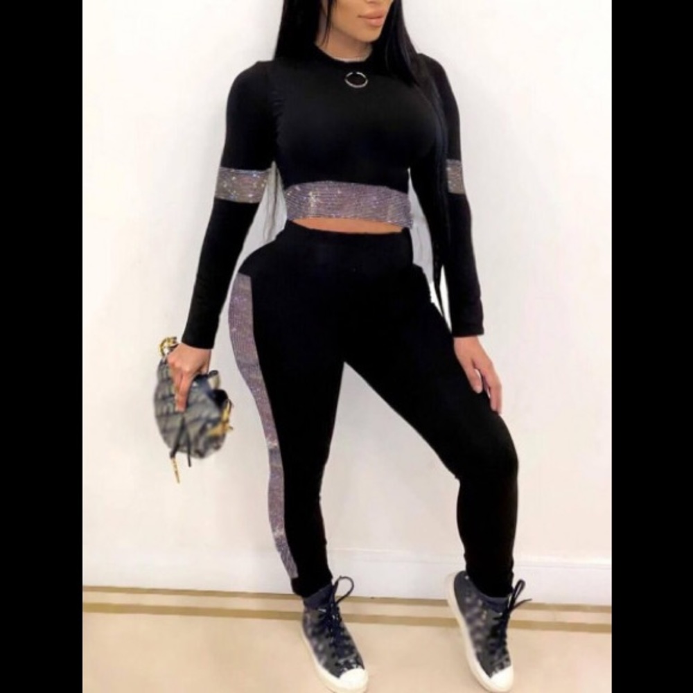 Sparkle Fabric Around Elbows & Down The Legs Long Sleeve Crop Top & Pants Outfit